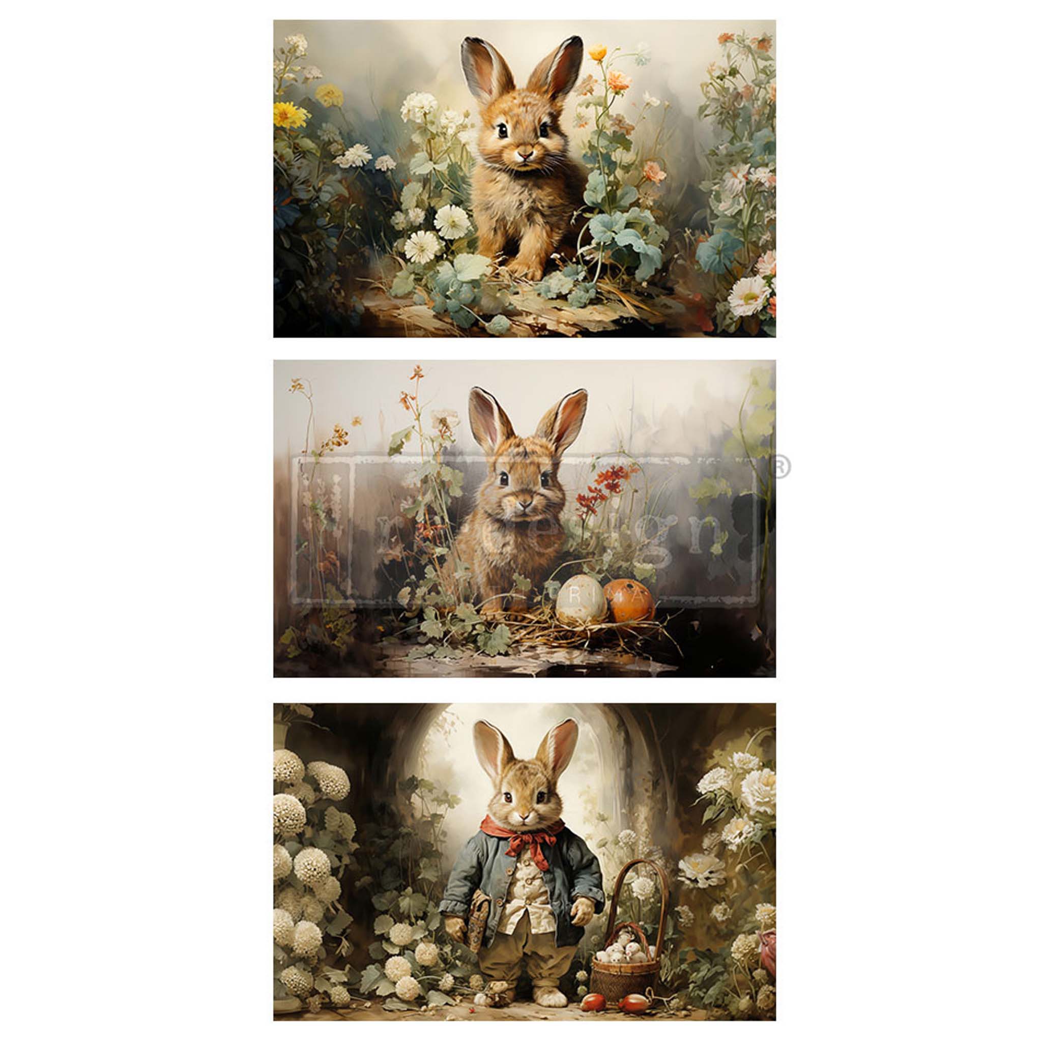 Three sheets of ReDesign with Prima's Dreamy Bunnies tissue paper, each featuring a sweet bunny surrounded by colorful flowers against a white background.