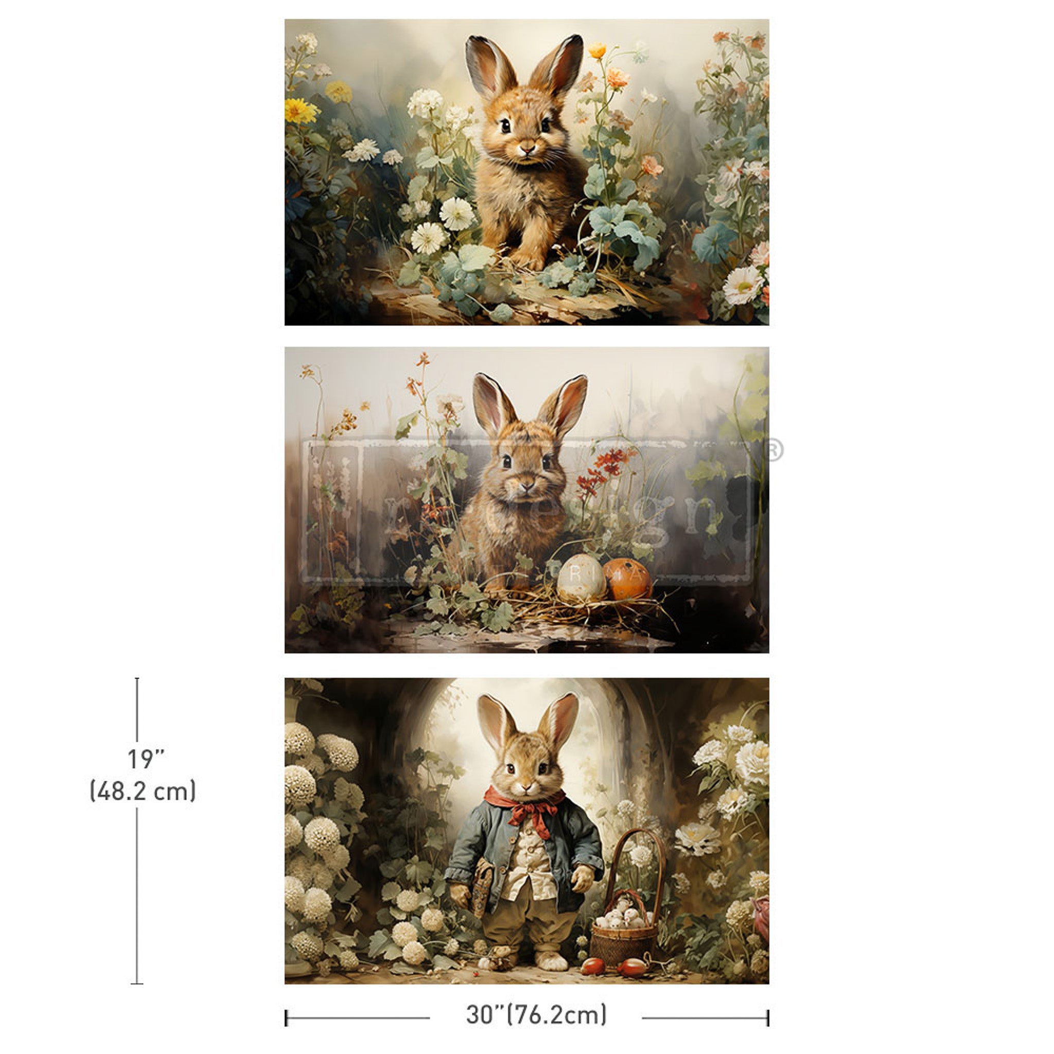 Three sheets of ReDesign with Prima's Dreamy Bunnies tissue paper, each featuring a sweet bunny surrounded by colorful flowers against a white background. Measurements for 1 sheet reads 19" (48.2 cm) by 30" (76.2 cm).