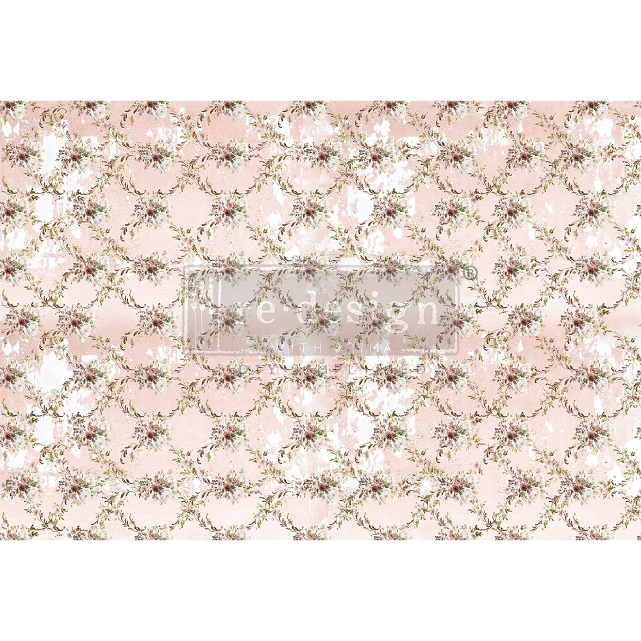 Tissue paper design that features a repeating dainty floral diamond vining design against a pale pink and white background.