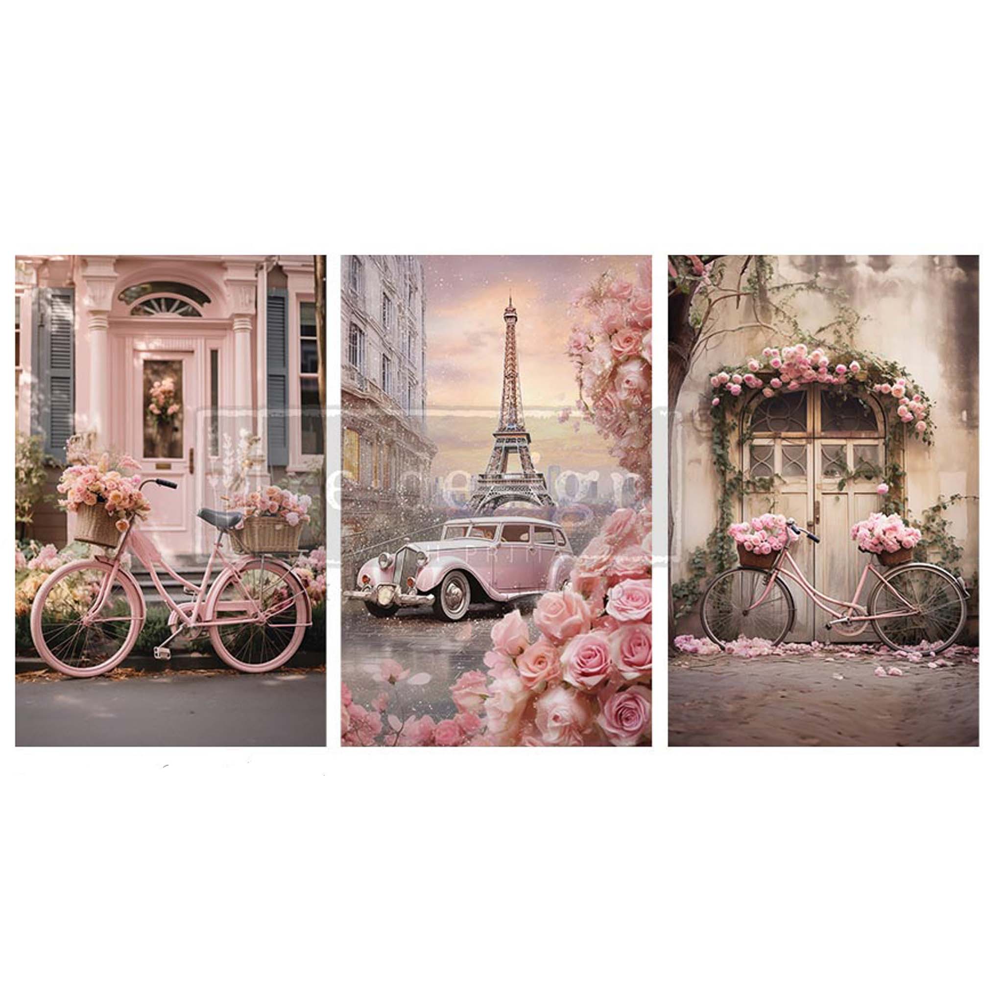 A white background with 3 tissue papers that feature a design with a vintage car in front of the iconic Eiffel Tower and two designs of vintage bicycles in front of Parisian homes, all surrounded by lovely pink roses and flowers.