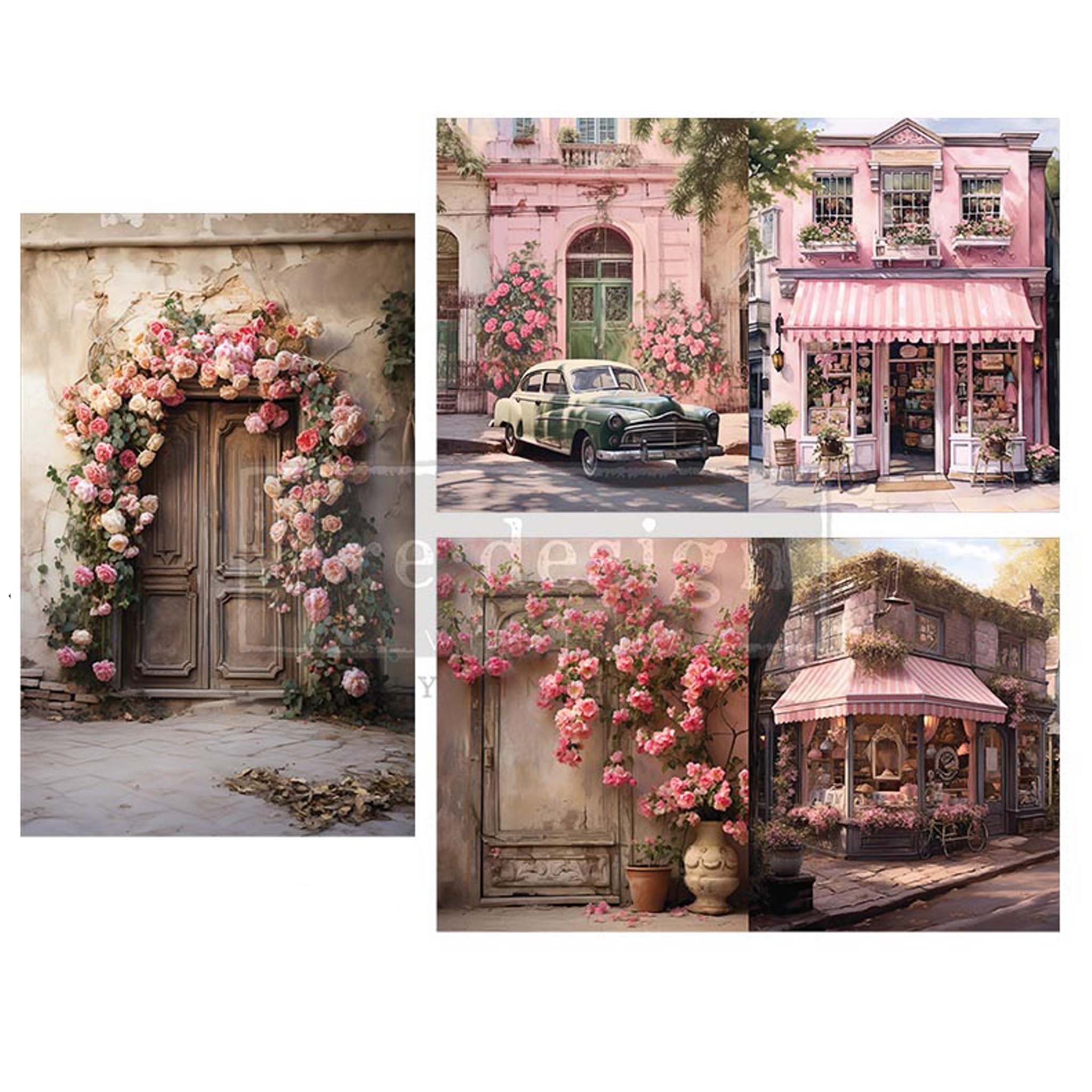 3 sheets of ReDesign with Prima's Blush Blossom Boulevard tissue paper featuring colorful flower designs, quaint homes, and vintage storefronts against a white background.