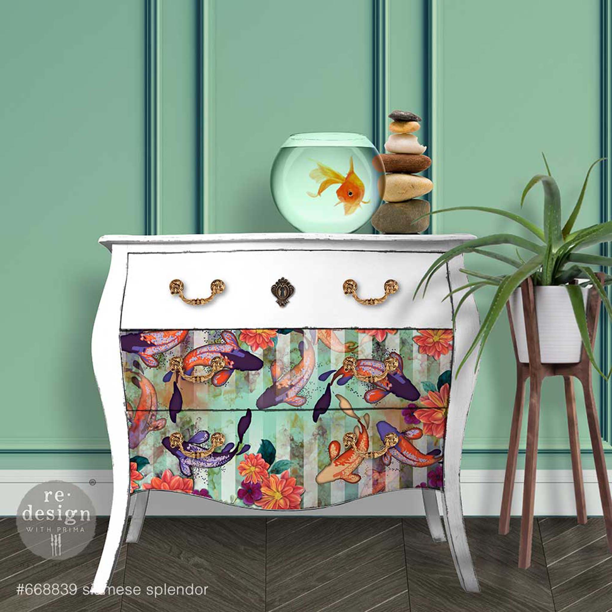 A vintage 3-drawer Bombay dresser is painted white and features ReDesign with Prima's Siamese Splendor tissue paper on its bottom 2 drawers.