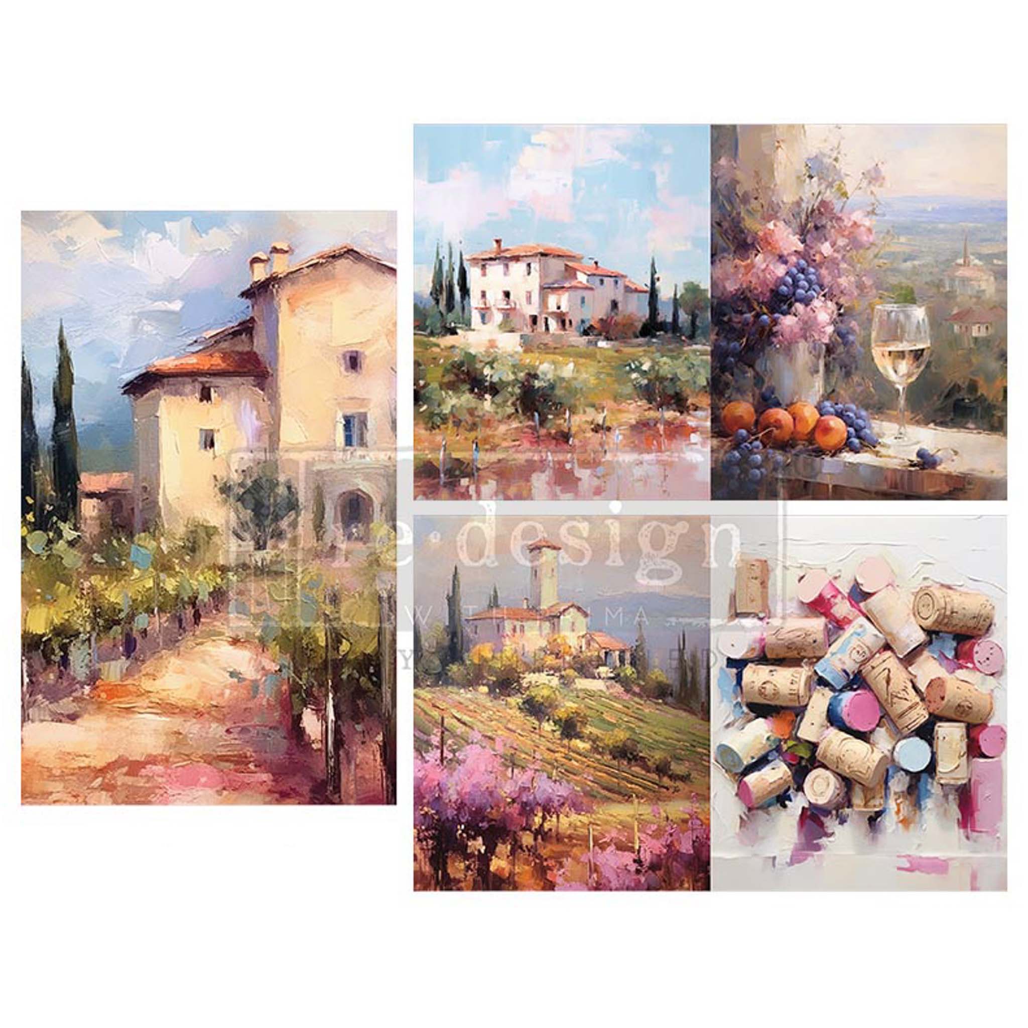 A white background with 3 tissue paper sheets that feature 5 stunning watercolor designs featuring Tuscan scenery and wine glasses and corks,