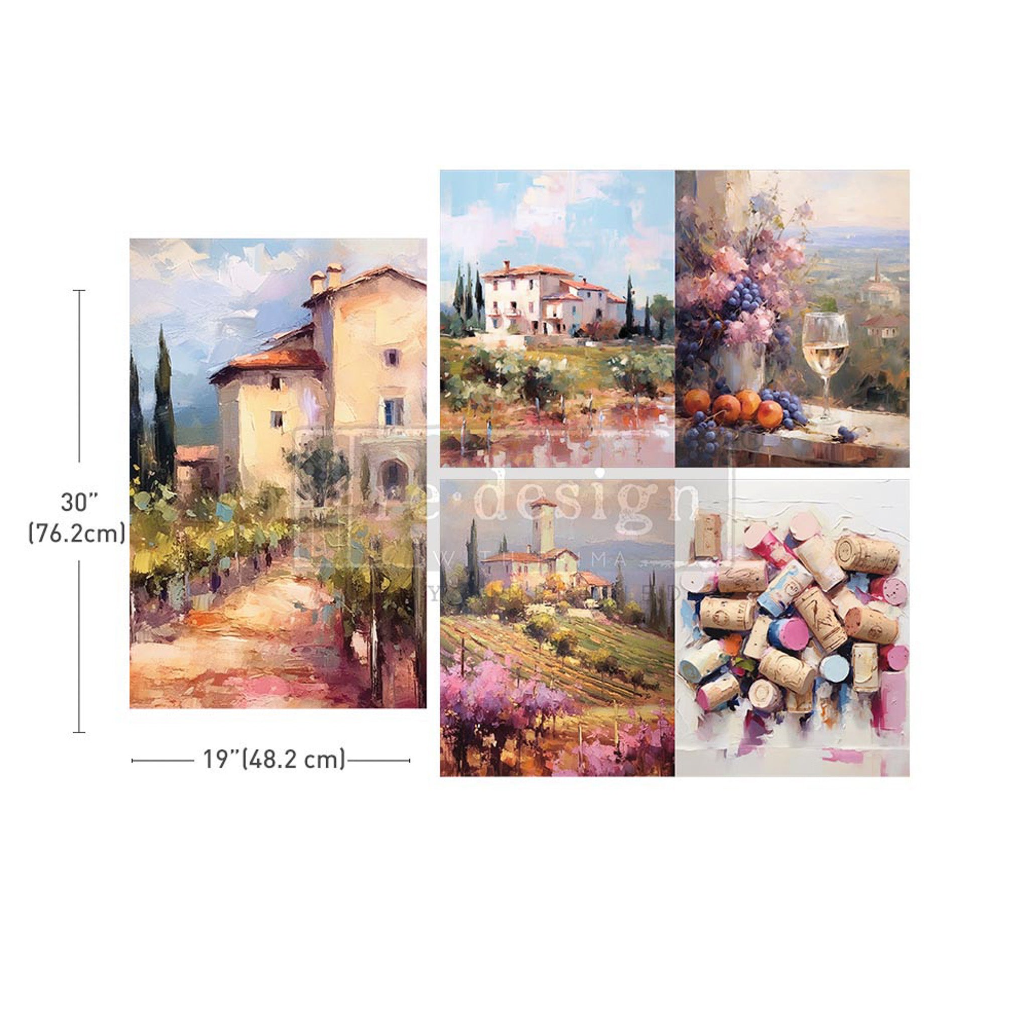 A white background with 3 tissue paper sheets that feature 5 stunning watercolor designs featuring Tuscan scenery and wine glasses and corks. Measurements for 1 sheet reads: 30" (76.2 cm) by 19" (48.2 cm).