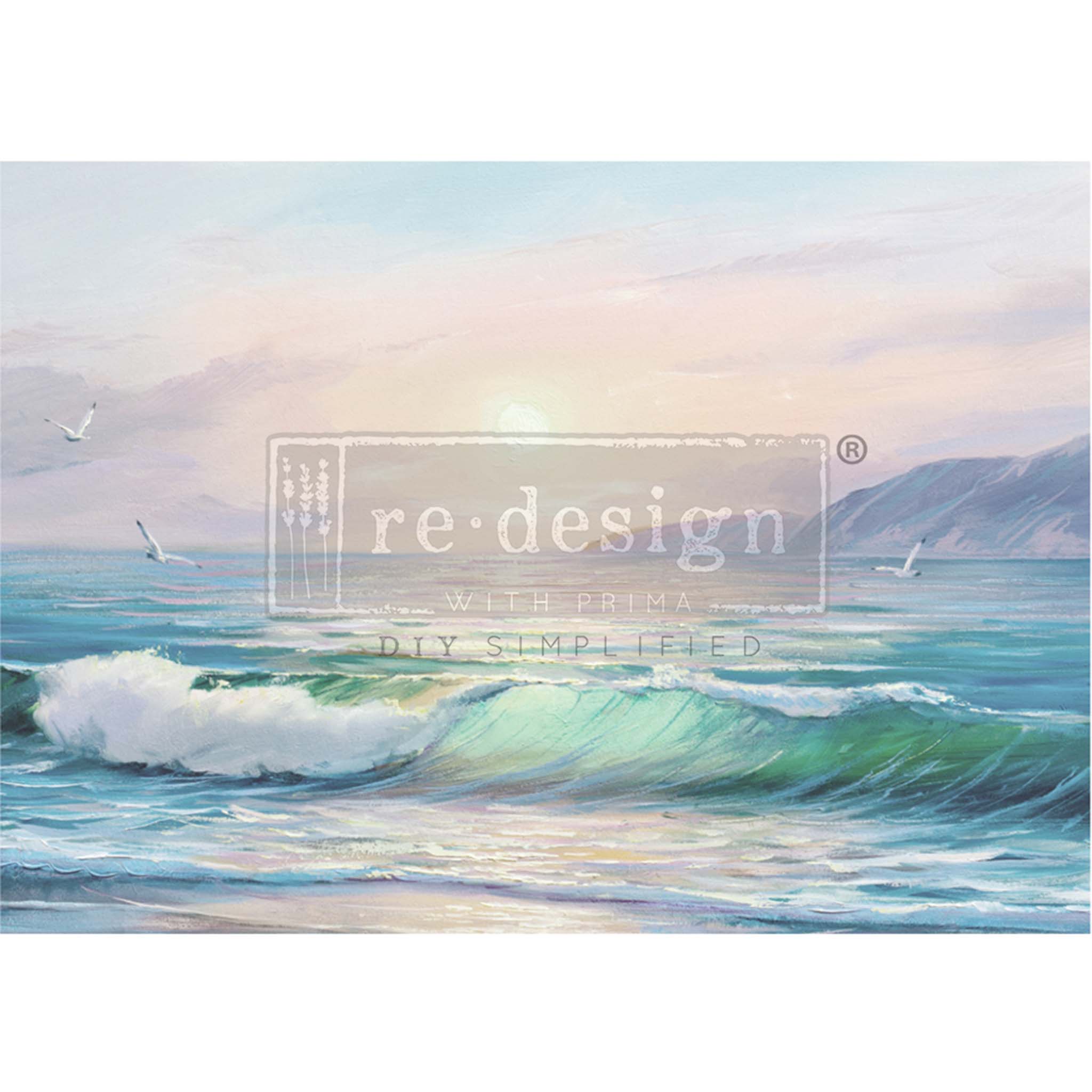 A1 fiber paper design that features a serene pastel beach. White borders are on the top and bottom.