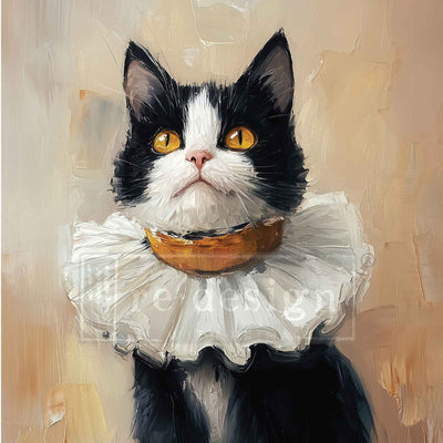 Close-up of ReDesign with Prima Whiskers in Oil A3 fiber decoupage paper featuring a black and white cat portrait with amber eyes and a white ruffled collar