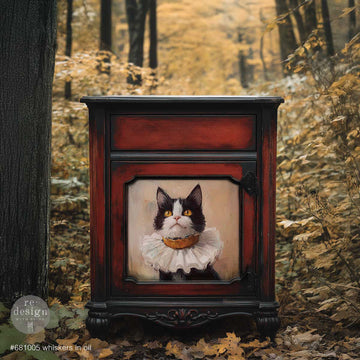ReDesign with Prima Whiskers in Oil A3 fiber decoupage paper applied to a dark red cabinet door with a vintage black and white cat portrait