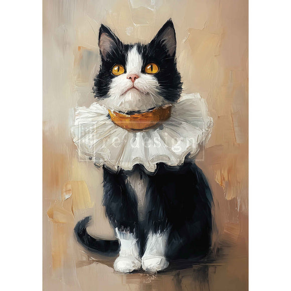 Full sheet of ReDesign with Prima Whiskers in Oil A3 fiber decoupage paper with a whimsical black and white cat portrait on a soft neutral background