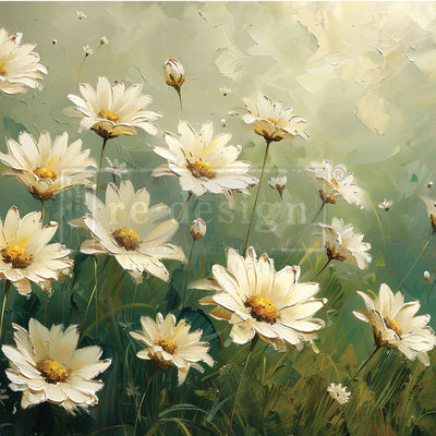 Close-up of ReDesign with Prima Whispering Daisies A3 fiber decoupage paper featuring soft white daisies on a green painterly background