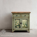 Small distressed green cabinet decorated with ReDesign with Prima Whispering Daisies A3 fiber decoupage paper on the doors