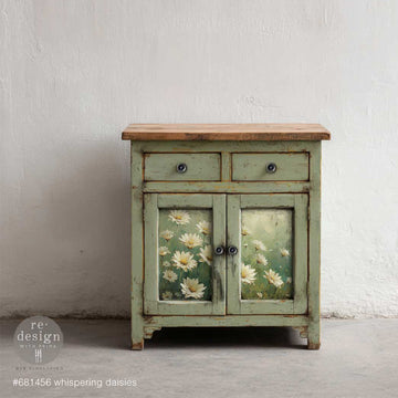Small distressed green cabinet decorated with ReDesign with Prima Whispering Daisies A3 fiber decoupage paper on the doors