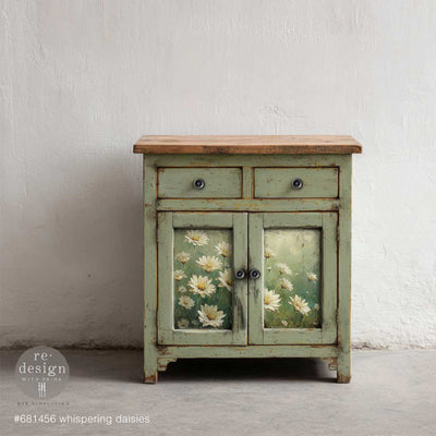 Small distressed green cabinet decorated with ReDesign with Prima Whispering Daisies A3 fiber decoupage paper on the doors