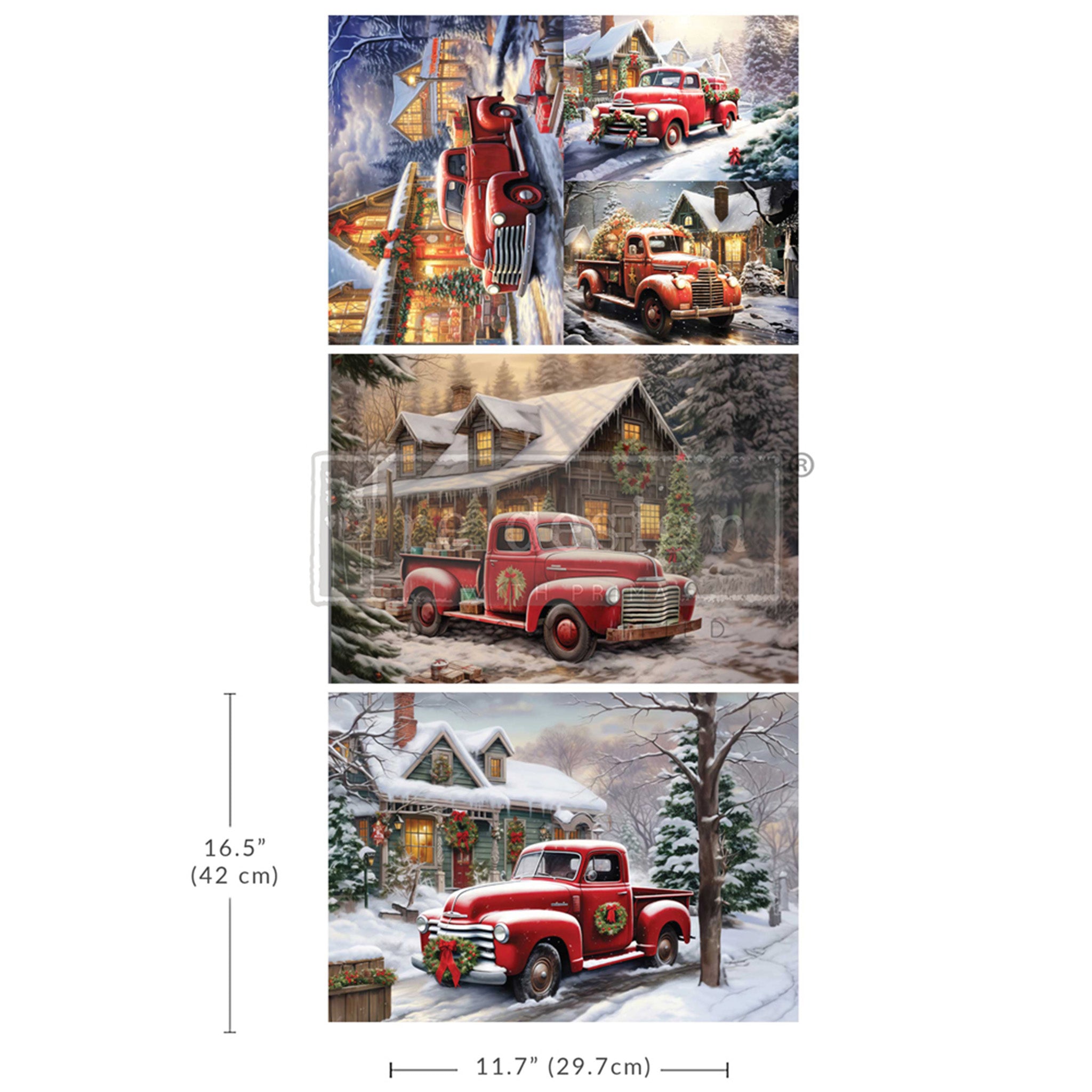 Three fiber paper designs against a white background that feature charming vintage trucks in snowy winter scenes. Measurements for 1 sheet reads 16.5" (42 cm) by 11.7" (29.7 cm).