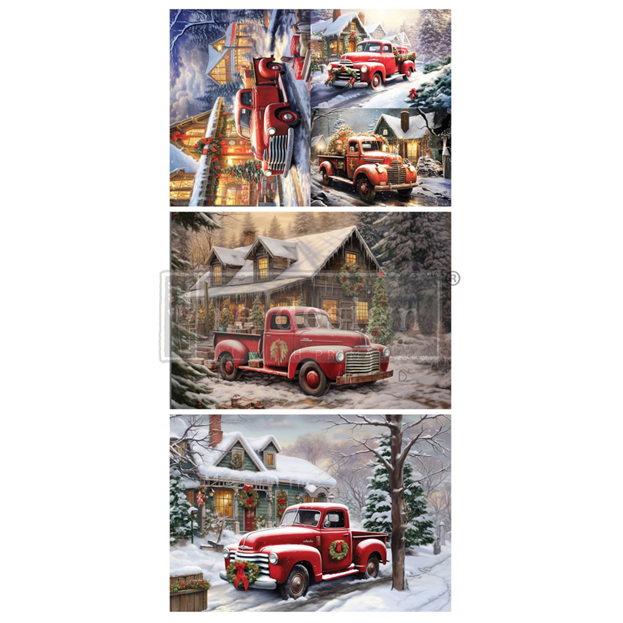 Three fiber paper designs against a white background that feature charming vintage trucks in snowy winter scenes.