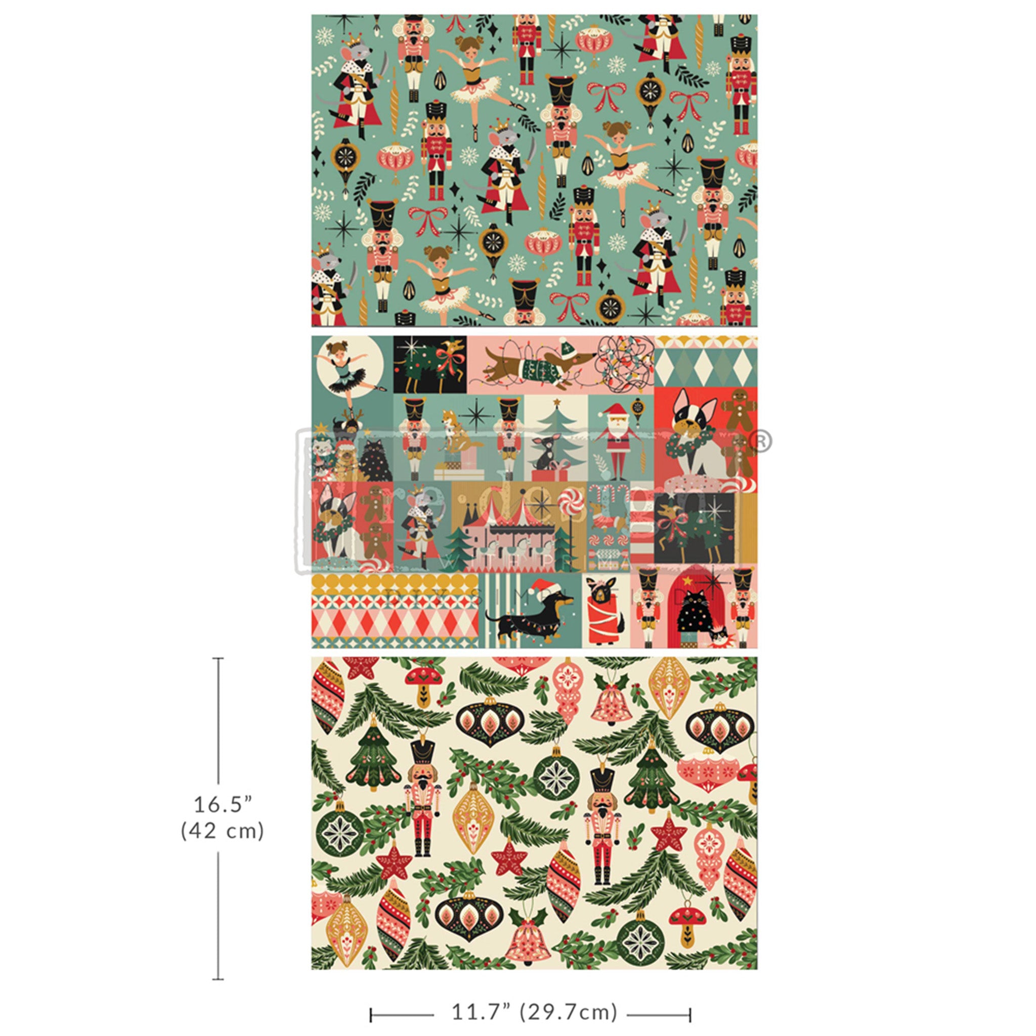 Three sheets of fiber paper designs that feature charming nutcracker wrapping paper designs, including one with ballerinas, and one with dogs are against a white background. Measurements for 1 sheet reads 16.5" (42 cm) by 11.7" (29.7 cm).