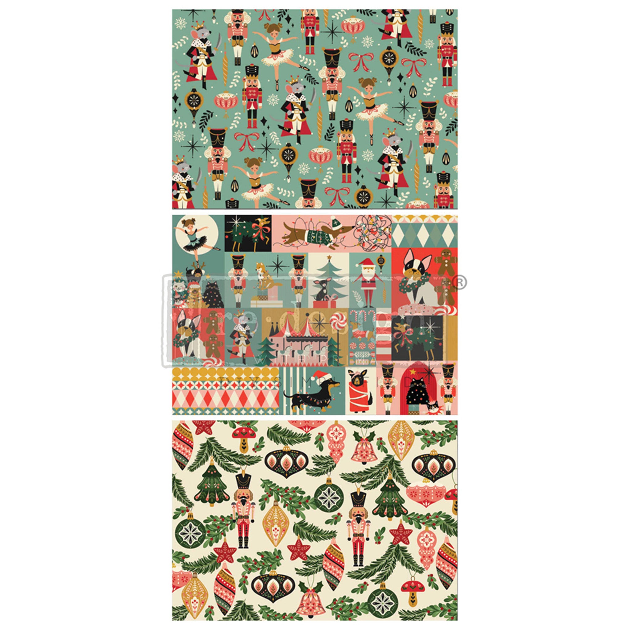 Three sheets of fiber paper designs that feature charming nutcracker wrapping paper designs, including one with ballerinas, and one with dogs are against a white background.