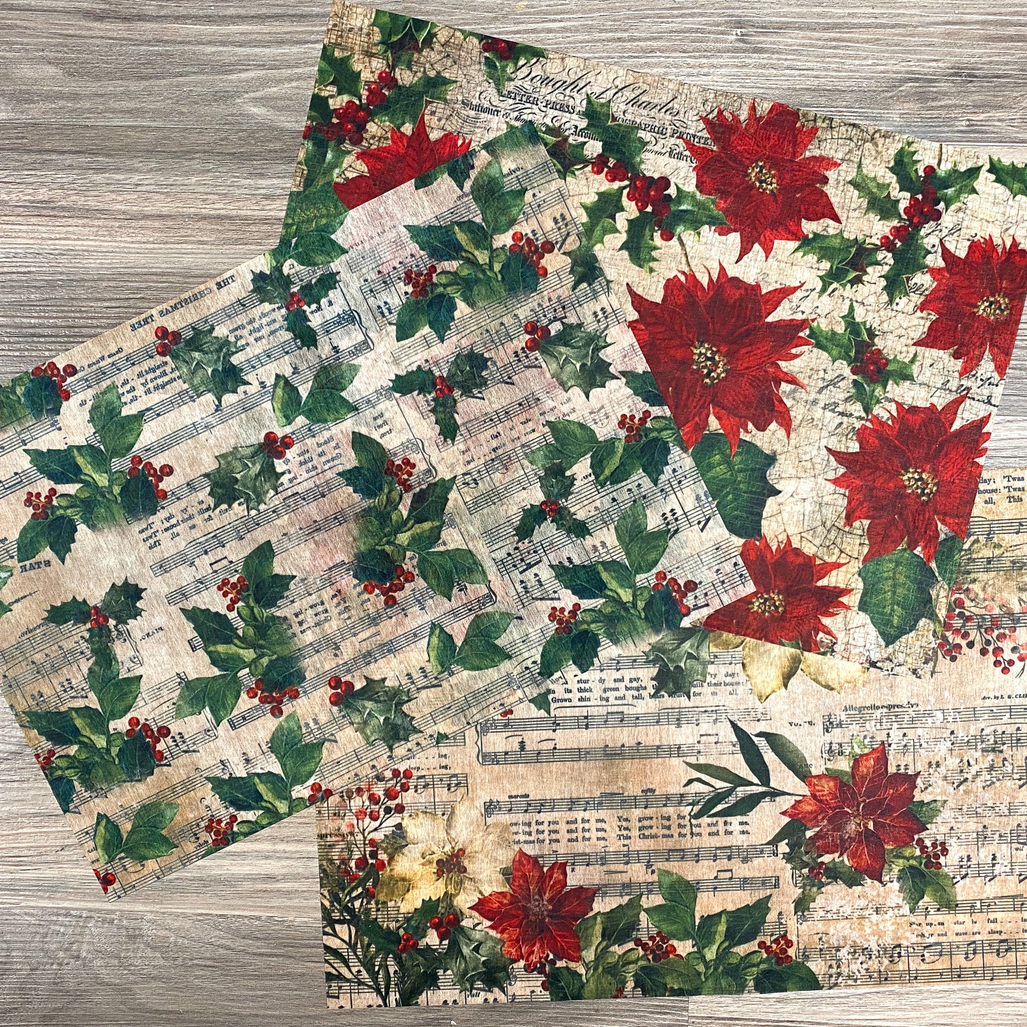 Three sheets of A3 fiber papers featuring playful designs of poinsettias and holly berries against parchments of sheet music are against a wood background.