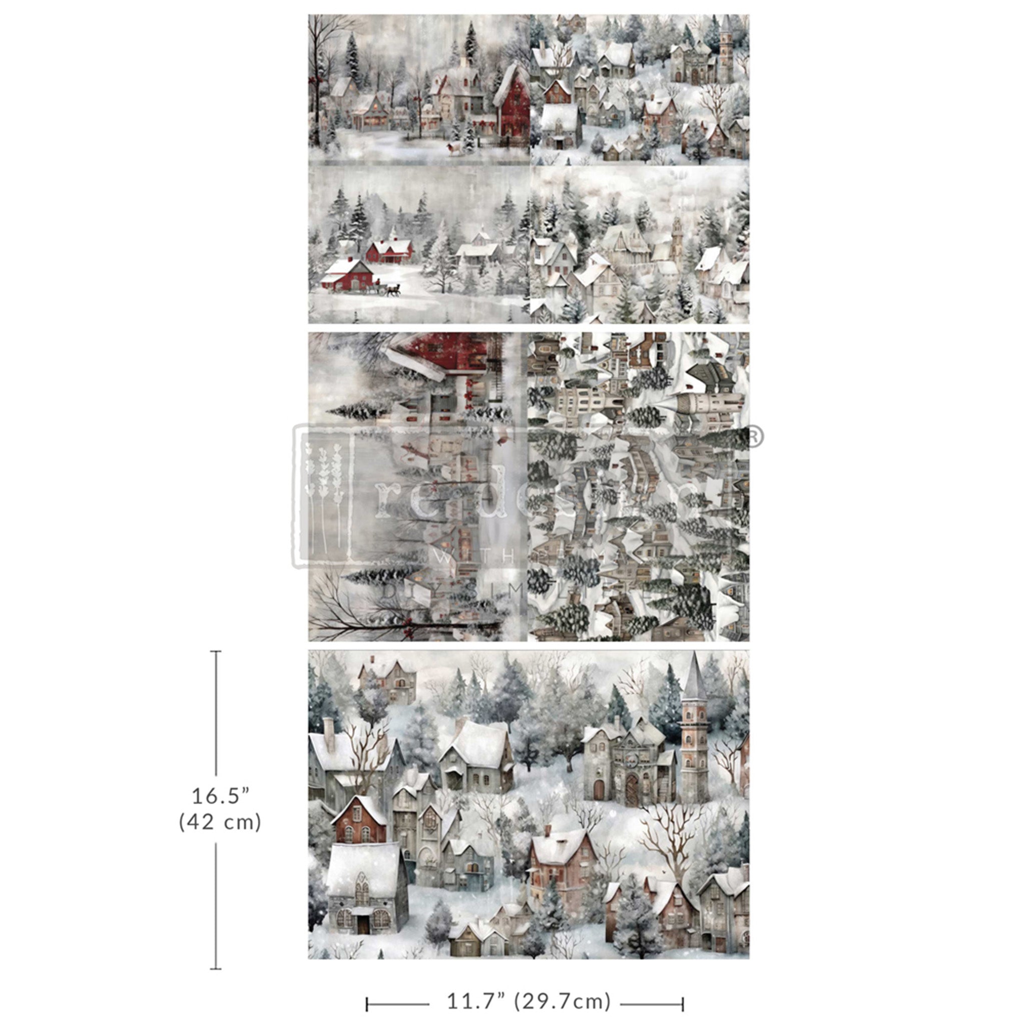 Three sheets of fiber papers that feature snow covered villages are against a white background. Measurements for 1 sheet reads 16.5" (42 cm) by 11.7" (29.7 cm).