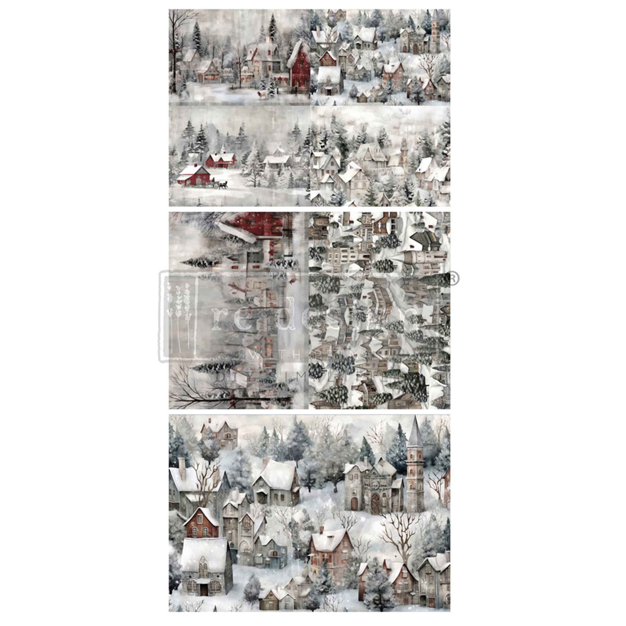 Three sheets of fiber papers that feature snow covered villages are against a white background. 