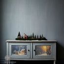 A vintage console table is painted light grey and features ReDesign with Prima's Snowy Twilight fiber paper on its 2 door inlays.