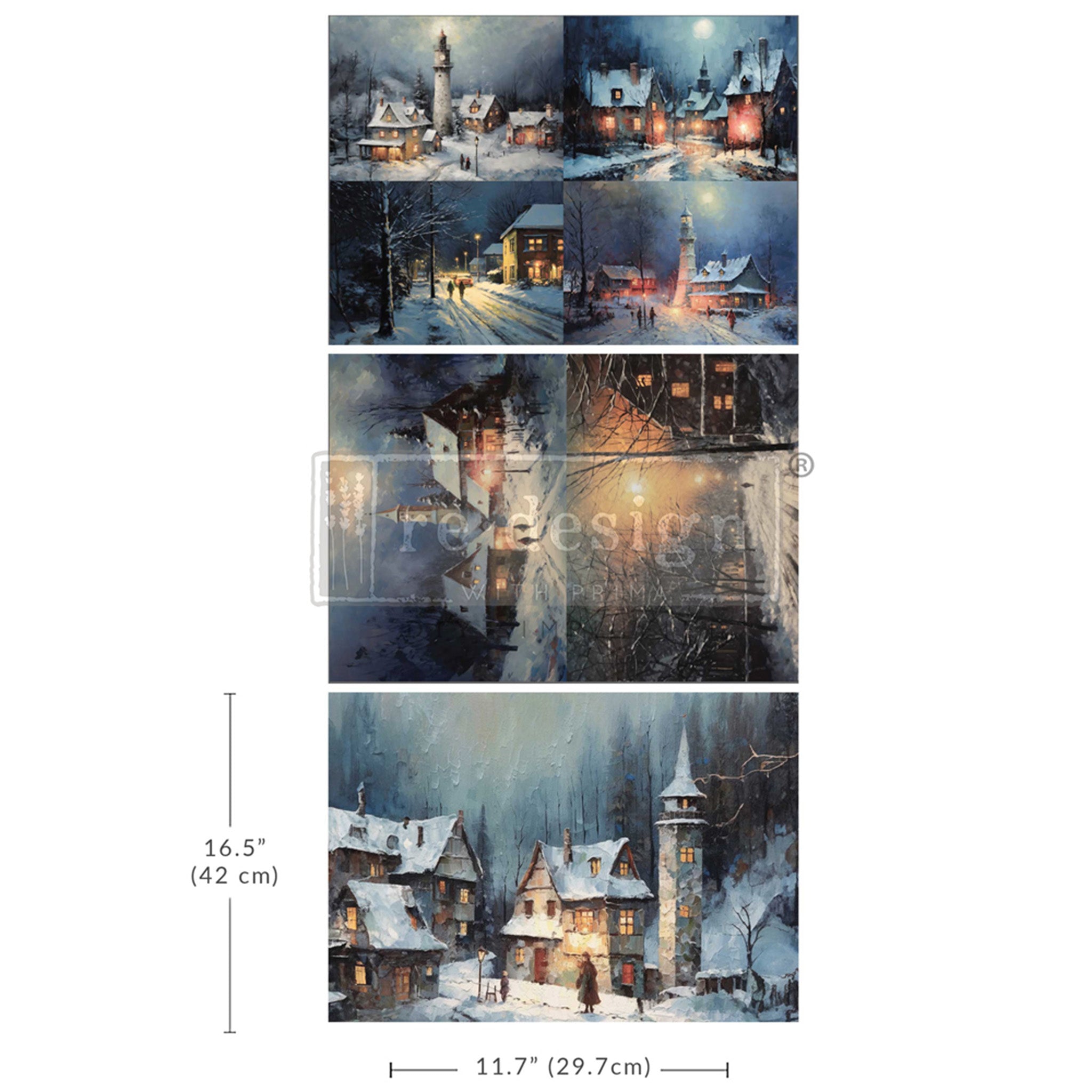 Three sheets of fiber papers that feature quiet snow covered Victorian streets at night are against a white background. Measurements for 1 sheet reads 16.5" (42 cm) by 11.7" (29.7 cm).