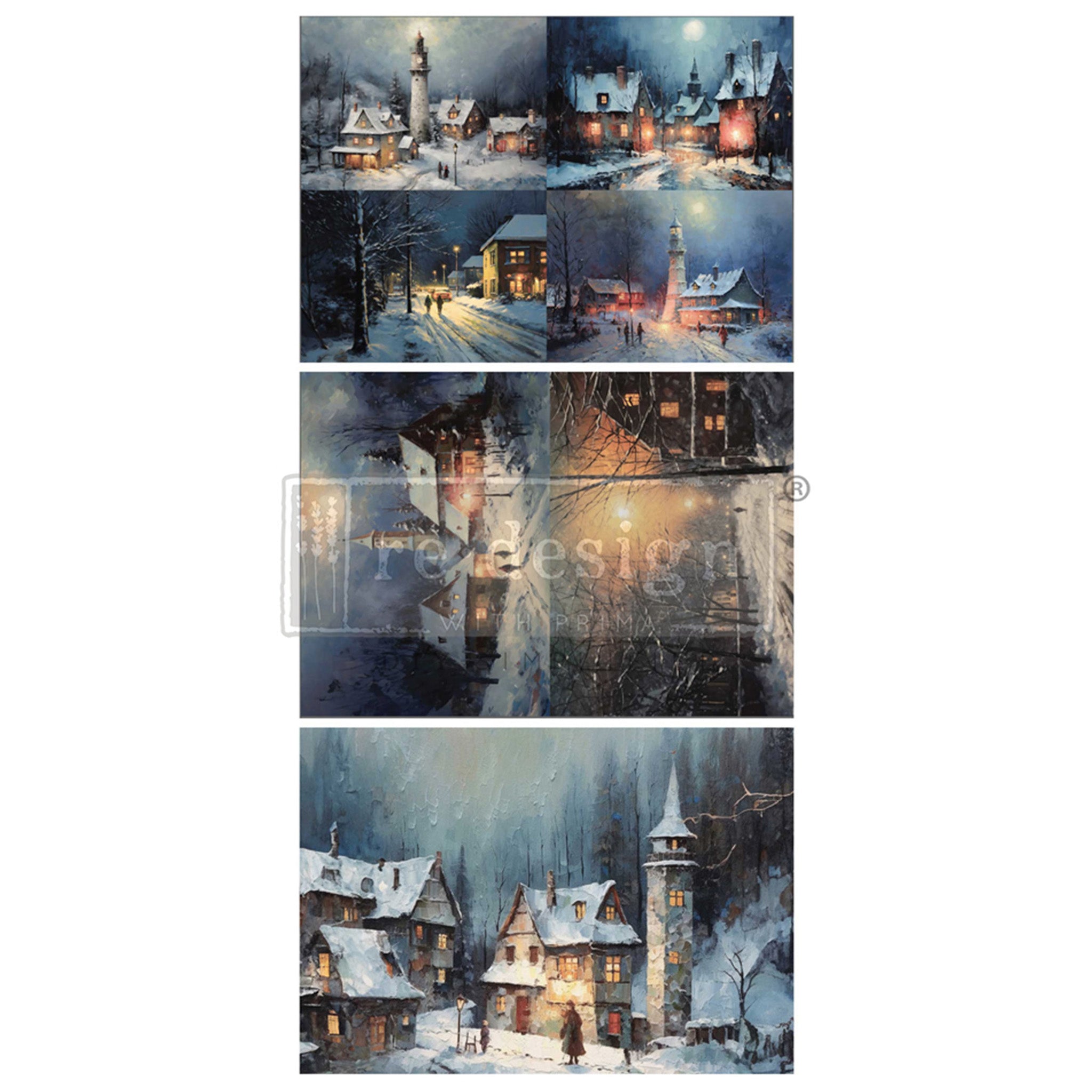 Three sheets of fiber papers that feature quiet snow covered Victorian streets at night are against a white background.