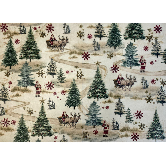Fiber paper featuring a repeating sporadic design of Christmas trees, red snowflakes, and Santa in his sleigh with 2 reindeer going down paths.