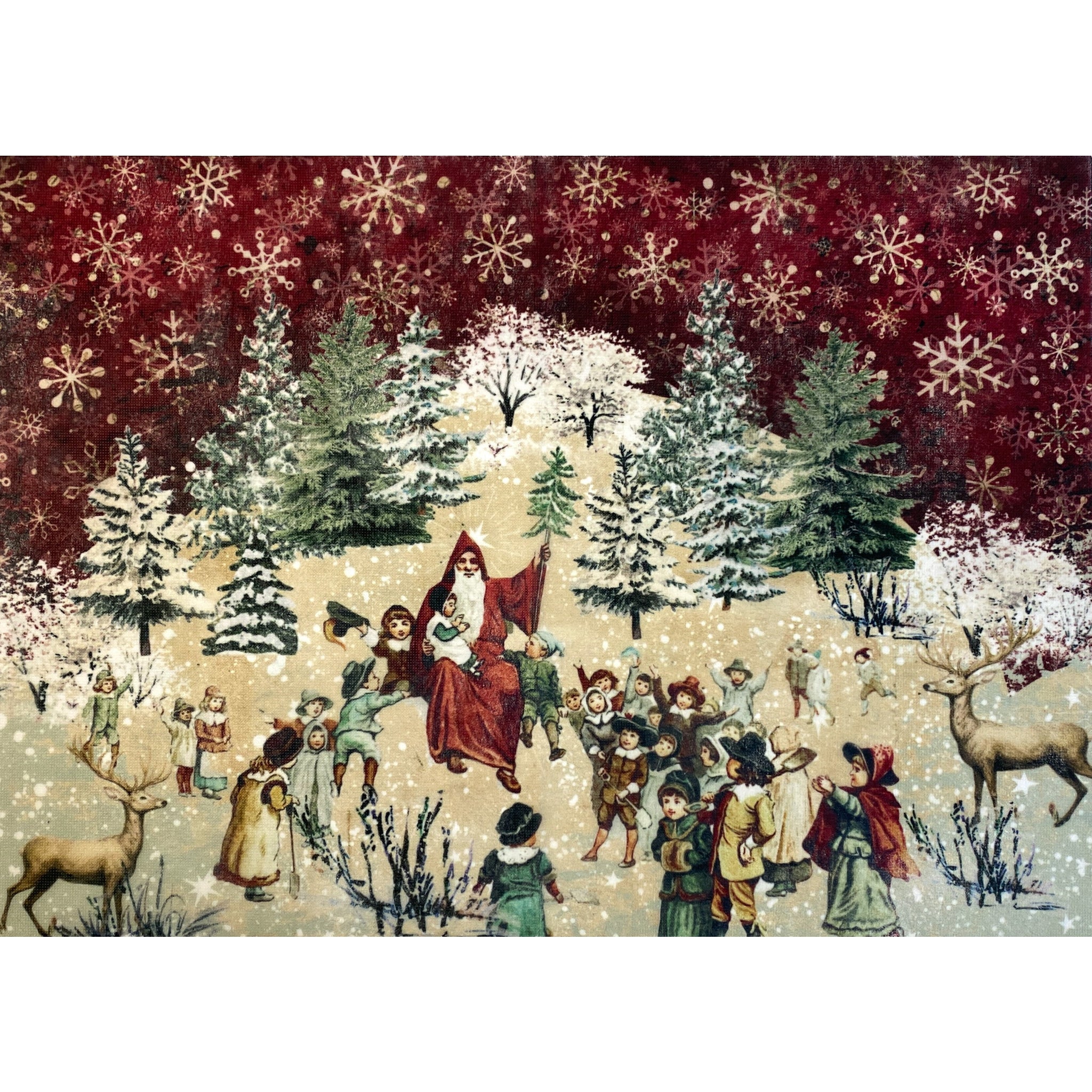 Fiber paper featuring a vintage design of Santa in a cloak surrounded by children in a pine tree field with a red sky and snowflakes.