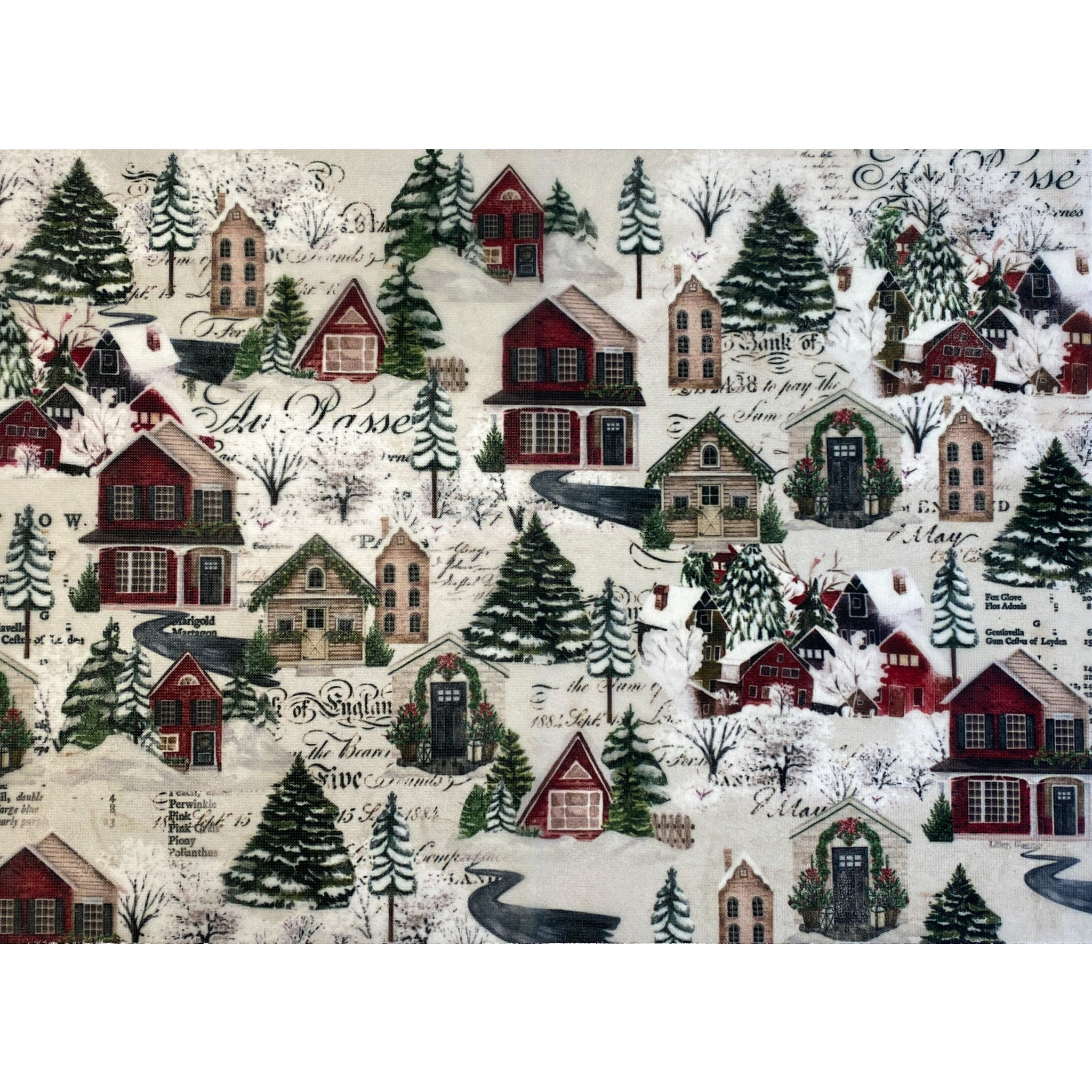 Fiber paper featuring a sporadic repeating design of snow covered pine trees and snowy villages with vintage script. 