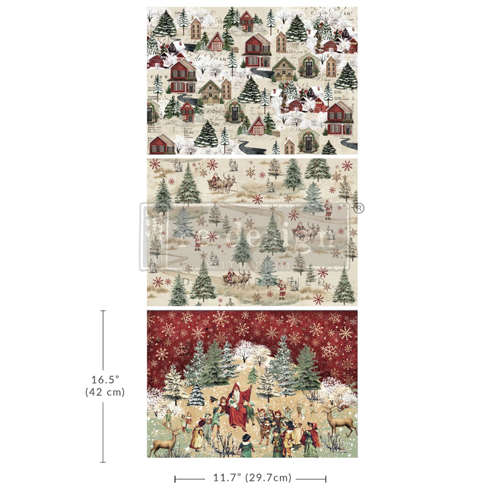 Three fiber papers that feature charming winter scenes, including a festive Christmas village, Santa gliding through the trees, and a heartwarming village gathering are against a white background. Measurements for 1 sheet reads 16.5" (42 cm) by 11.7" (29.7 cm)