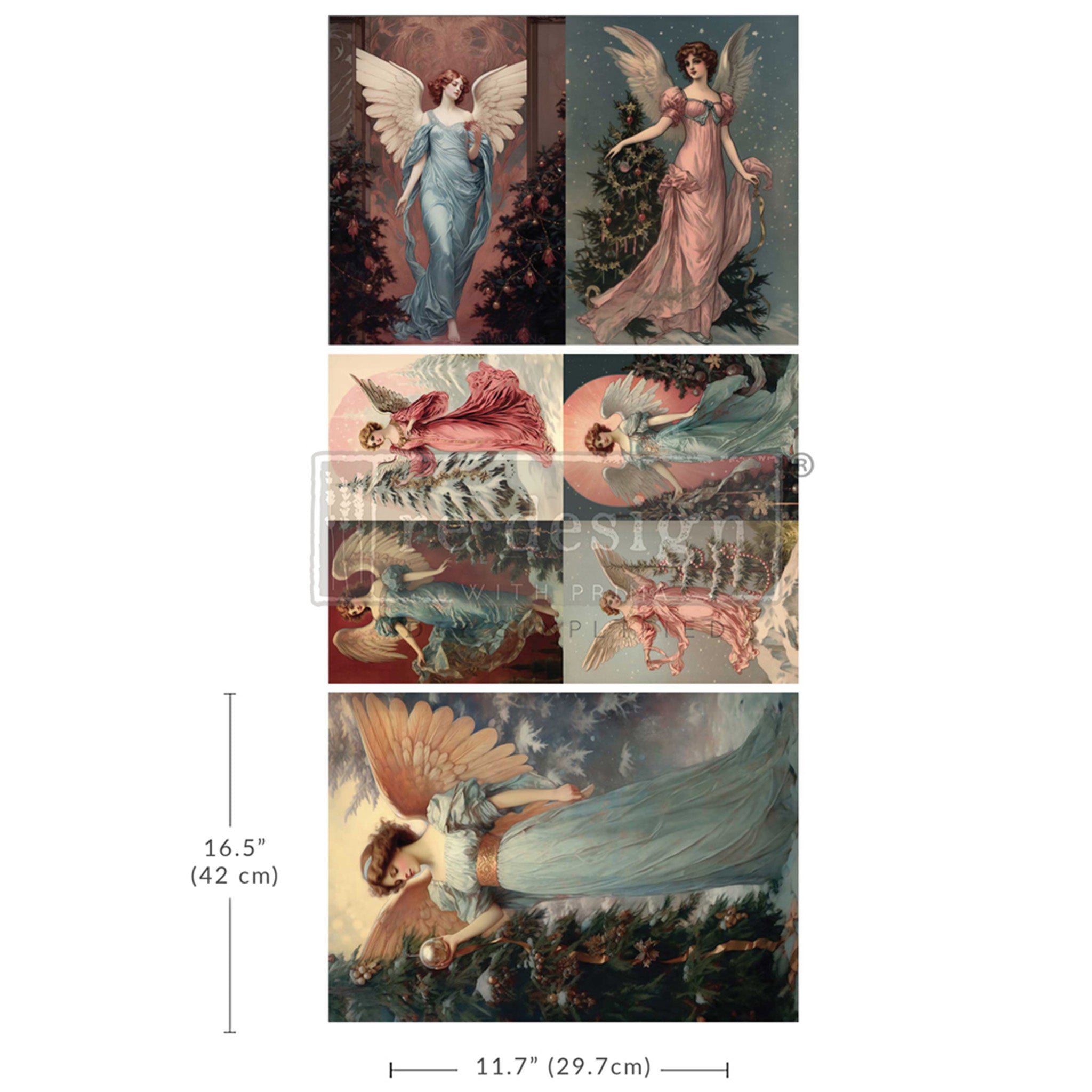 Three sheets of fiber papers that feature beautiful images of angels in soft pink and blue dresses are against a white background. Measurements for 1 sheet reads 16.5" (42 cm) by 11.7" (29.7 cm).