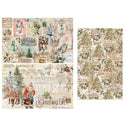 Three tissue papers that feature a repeating pattern of Christmas trees and "Merry Christmas"; a postcard design of Victorian Santa and his reindeer; and a mix of vintage postcards and greeting cards all against a white background.
