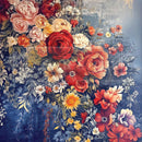 Colorful floral arrangement on a textured blue background