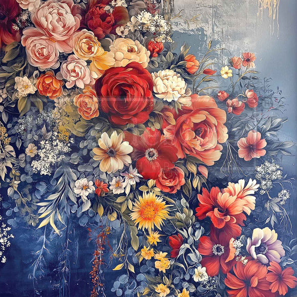 Colorful floral arrangement on a textured blue background