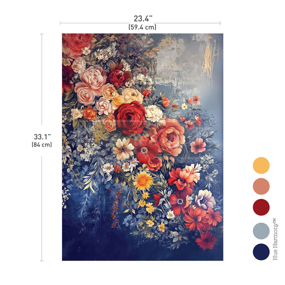 Floral tapestry with measurements (23.4". 33.1") and color swatches on a white background