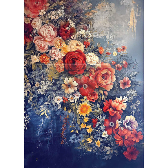 Colorful floral arrangement on a textured blue background