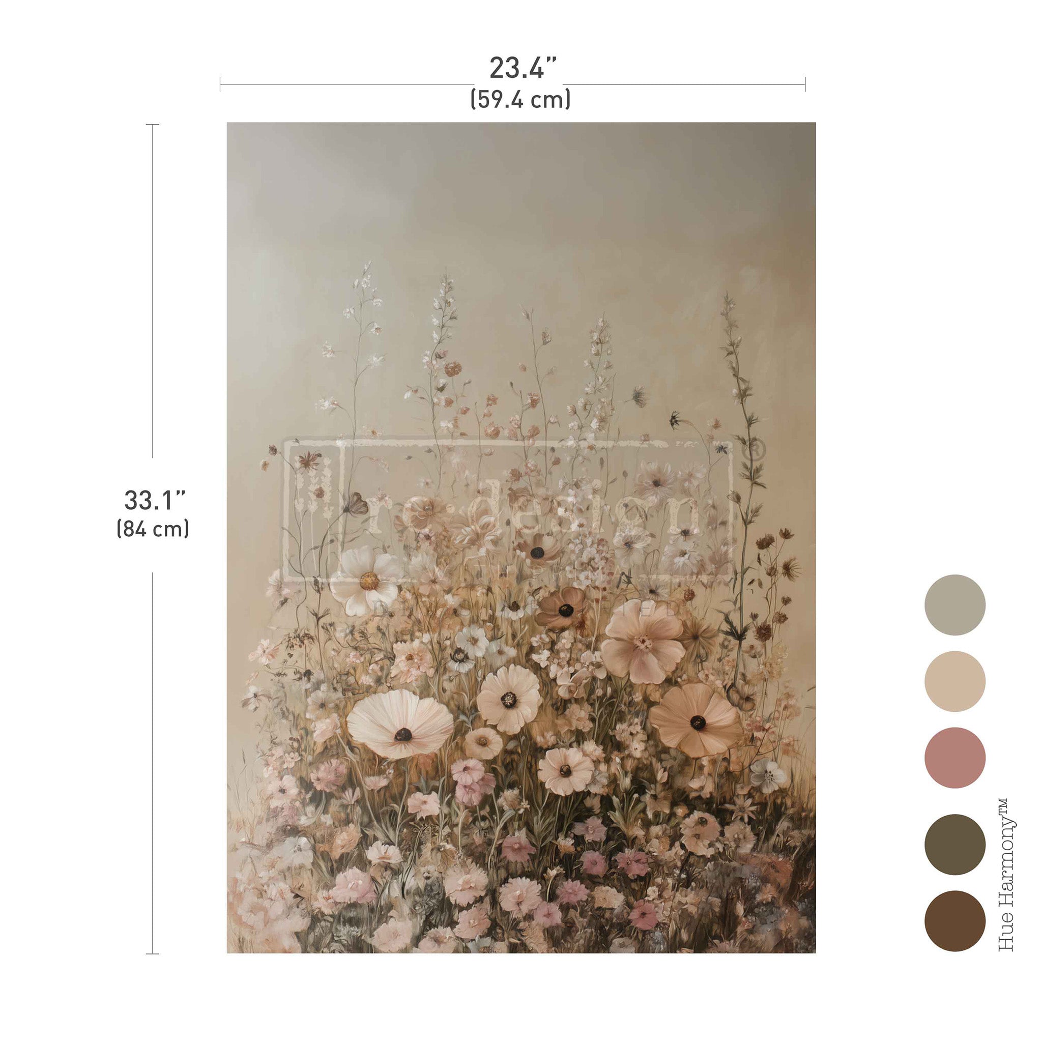Floral painting with measurements (23.4" x 33.1") and color swatches on a white background