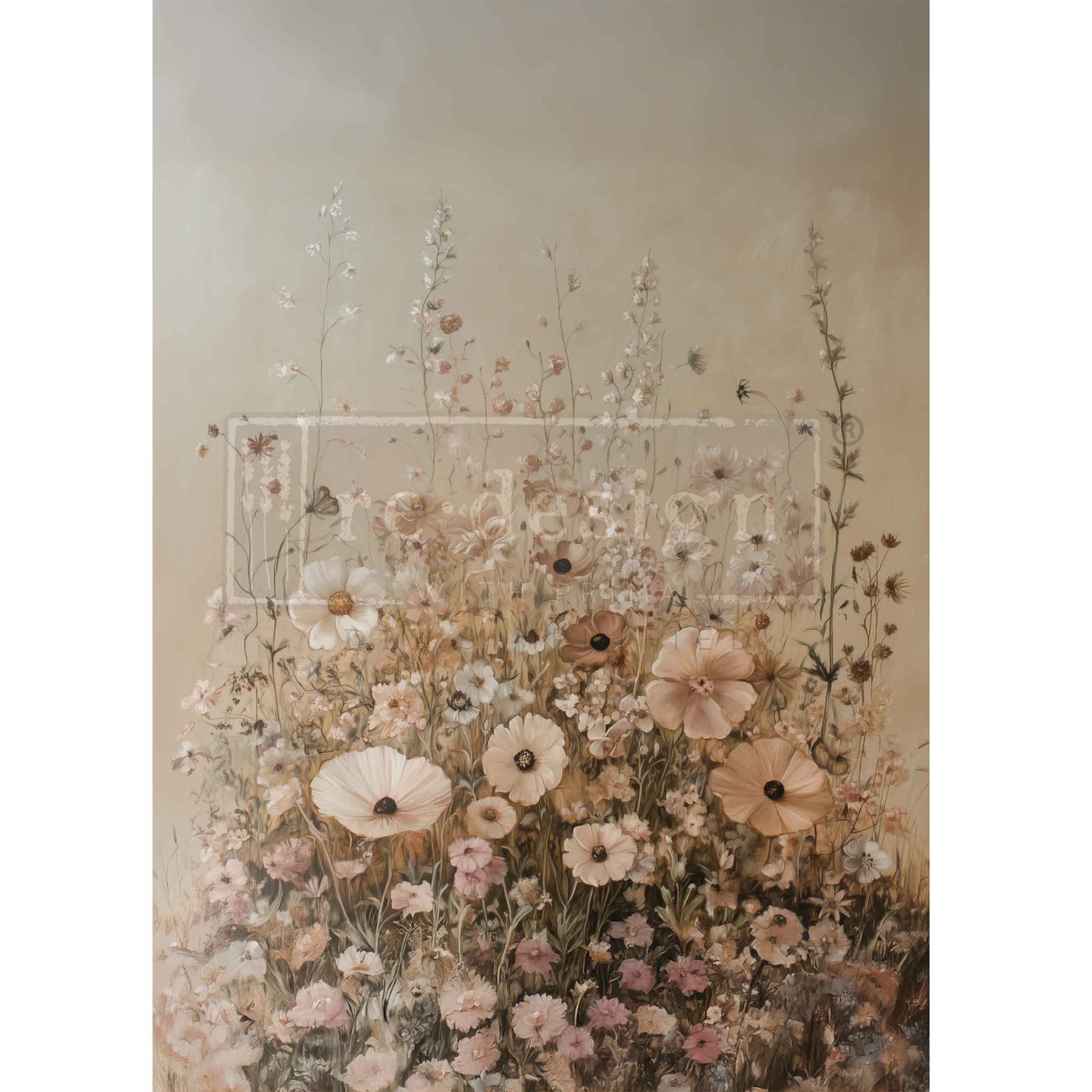 Artistic depiction of a field of flowers with a soft, pastel color palette.