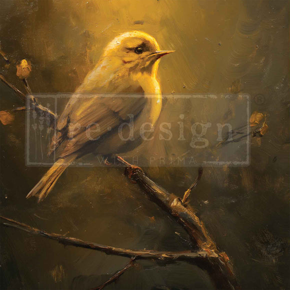 Decoupage paper of a painting of a bird perched on a branch with a warm, earthy color palette.