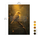 Decoupage paper of a painting of a bird perched on a branch with a warm, earthy color palette, with measurements: 23.4" x 33.1"