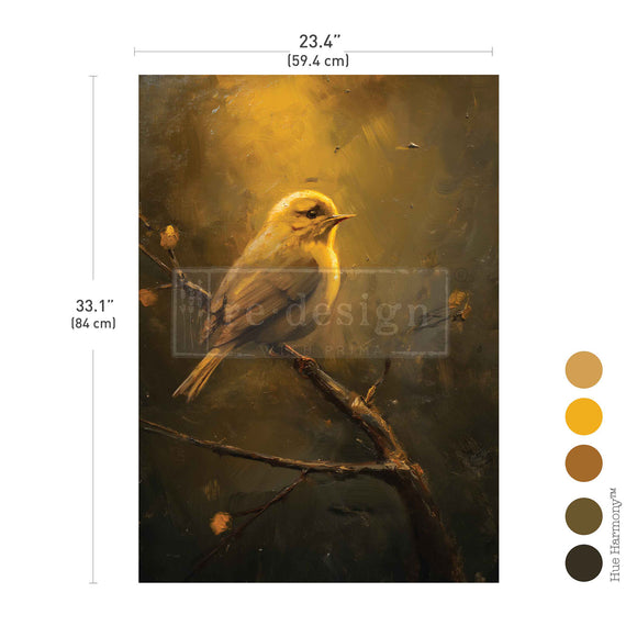 Decoupage paper of a painting of a bird perched on a branch with a warm, earthy color palette, with measurements: 23.4" x 33.1"