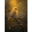 Decoupage paper of a painting of a bird perched on a branch with a warm, earthy color palette.