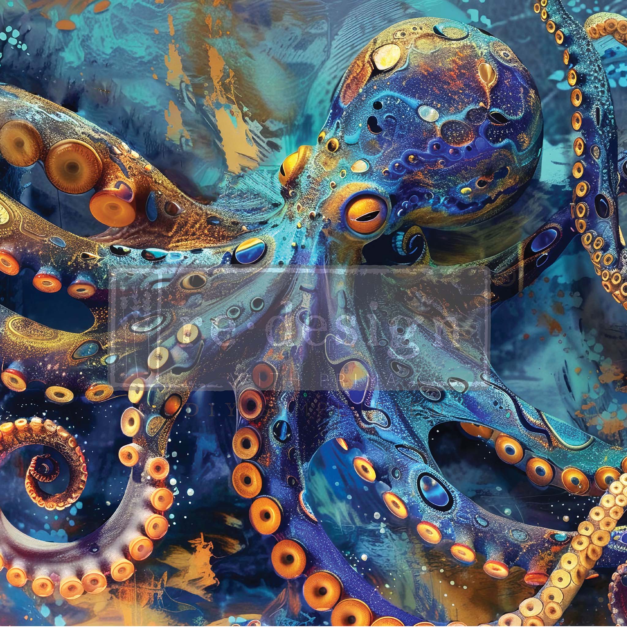 Close-up of an A1 fiber tissue paper featuring a bold colored octopus adorned with steampunk cogs and gears.