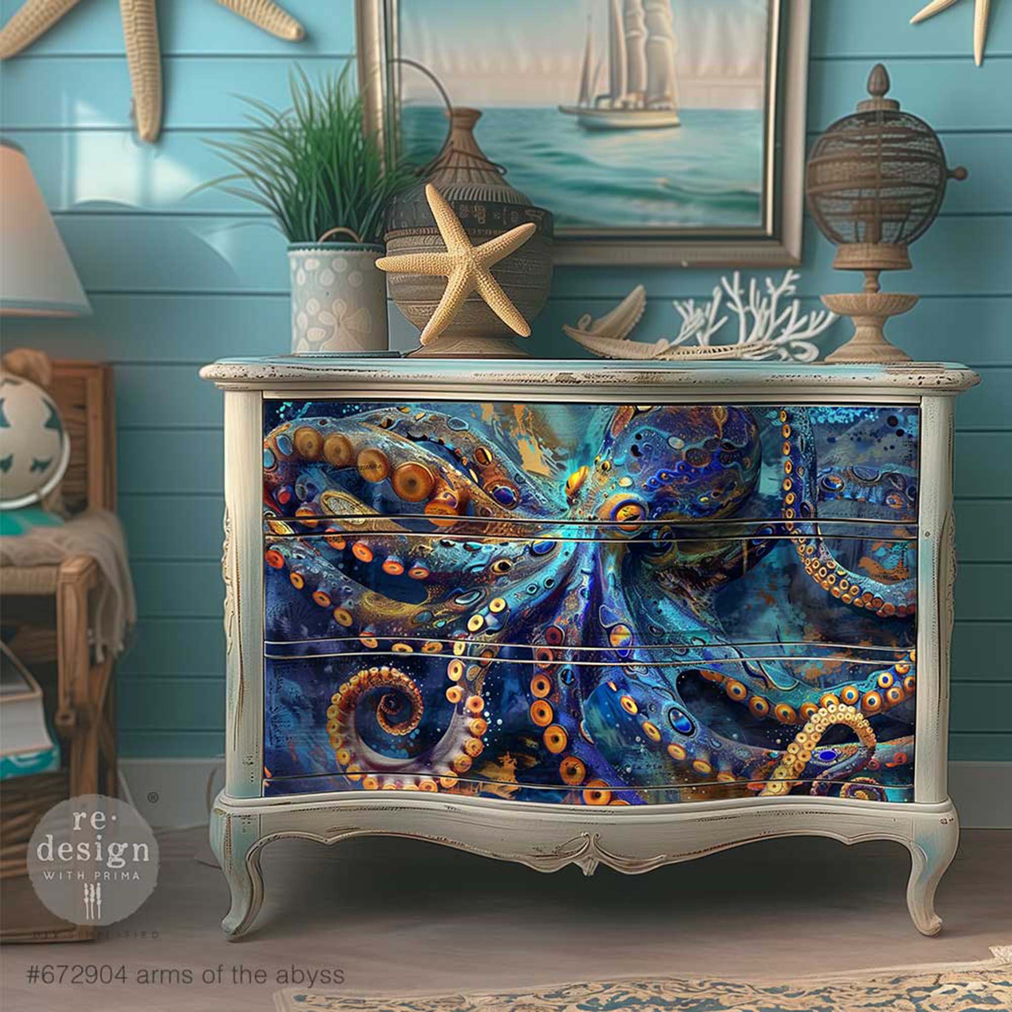 A vintage 3-drawer dresser is painted beige and features ReDesign with Prima's Arms of the Abyss A1 fiber paper on the drawers.