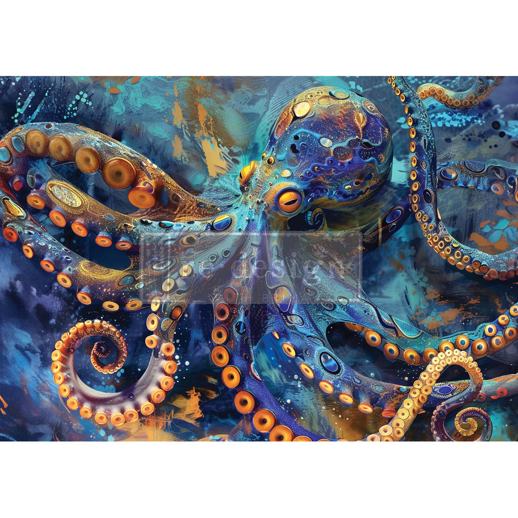 A1 fiber tissue paper featuring a bold colored octopus adorned with steampunk cogs and gears. White borders are on the top and bottom.