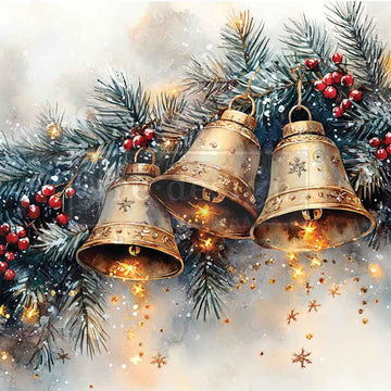 Decorative image of three gold bells on a Christmas tree with red berries and snowflakes.