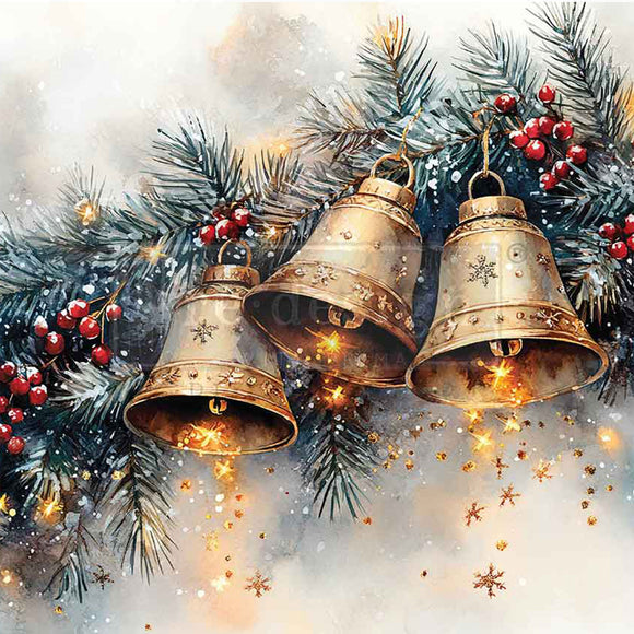 Decorative image of three gold bells on a Christmas tree with red berries and snowflakes.