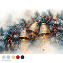 Decorative image of three gold bells hanging among Christmas tree branches with red berries and twinkling lights on a soft, blurred background.