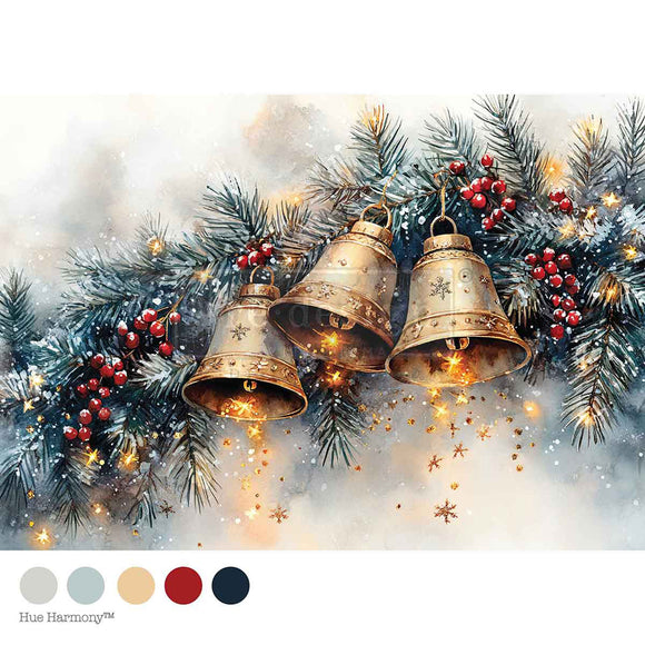 Decorative image of three gold bells hanging among Christmas tree branches with red berries and twinkling lights on a soft, blurred background.