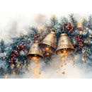 Decorative image of three gold bells hanging among Christmas tree branches with red berries and twinkling lights on a soft, blurred background.